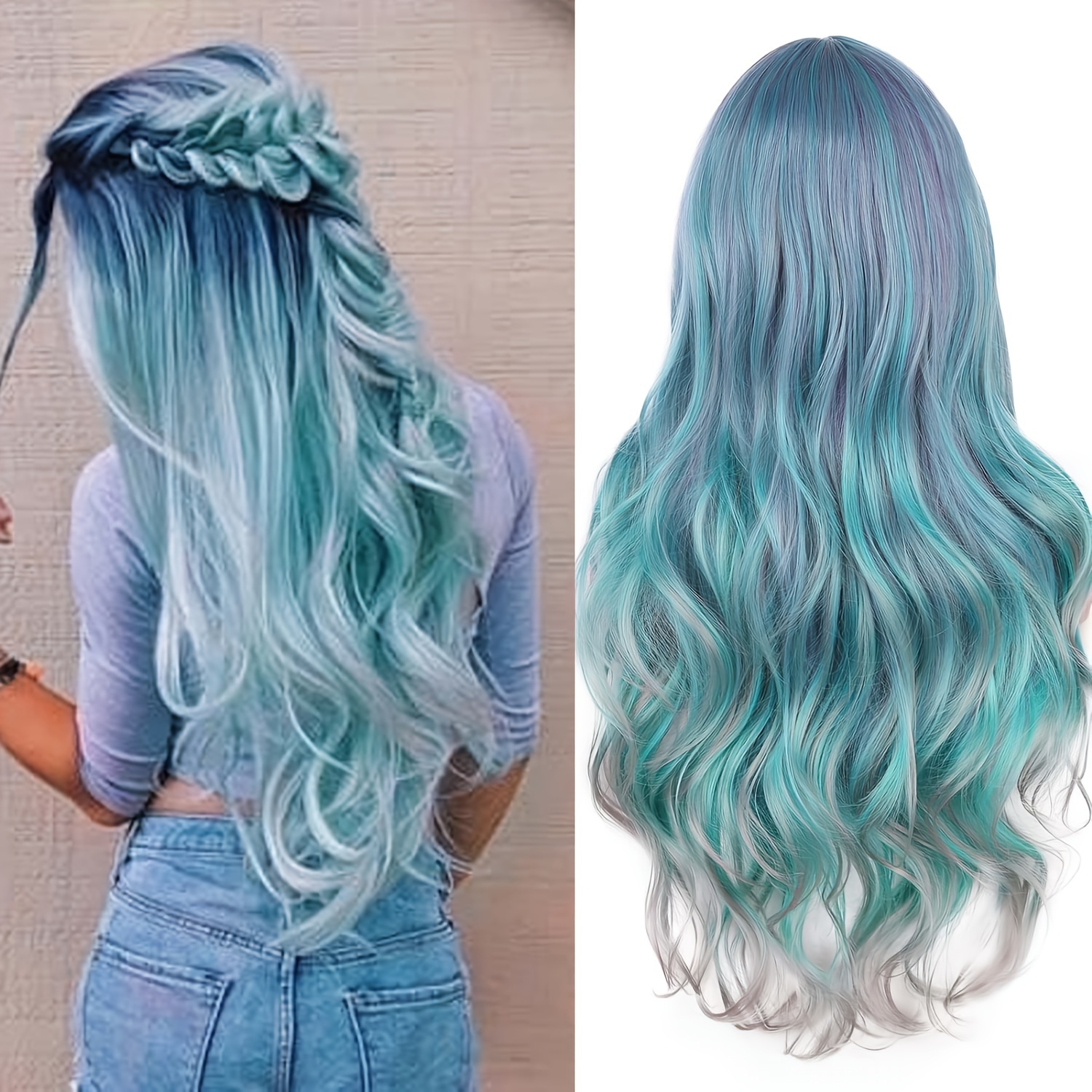 

Elegant Mermaid-inspired Long Mixed Wig - Heat Resistant Synthetic Hair For Women, Cosplay & Halloween