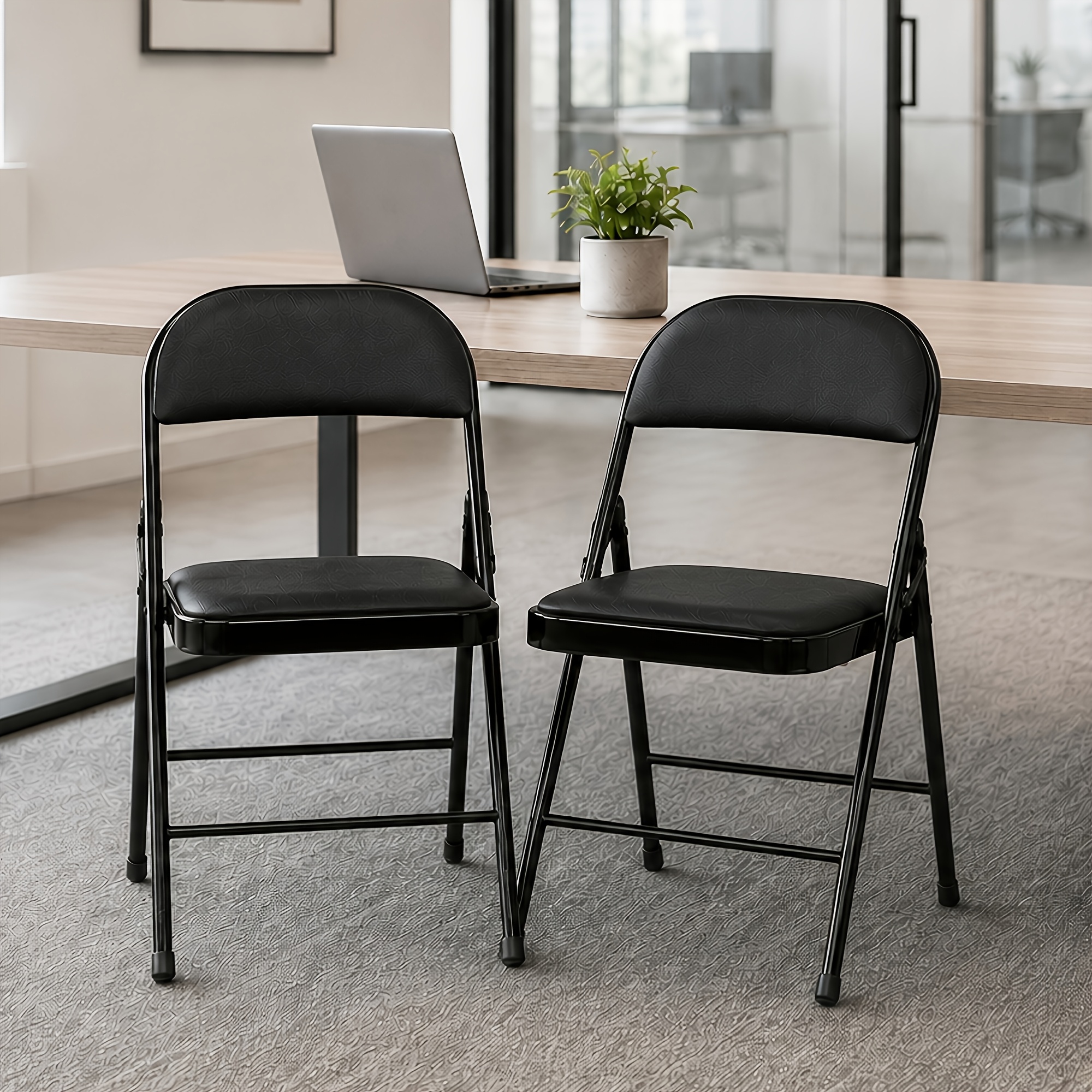 2-pack Black Padded Folding Chairs With Cushioned Seat And Backrest, Portable , Space- Indoor Seating For Home, Dining Room, Kitchen, Office, Meetings, Parties, And Guests