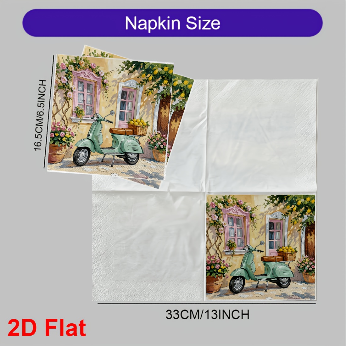TEMU 20 Stück 2D Flache Servietten Vintage Italienische Villa mit Minde-Scooter und Zitronenkorb Elegantes Blumen- & Mittelmeerdesign für Dekorative