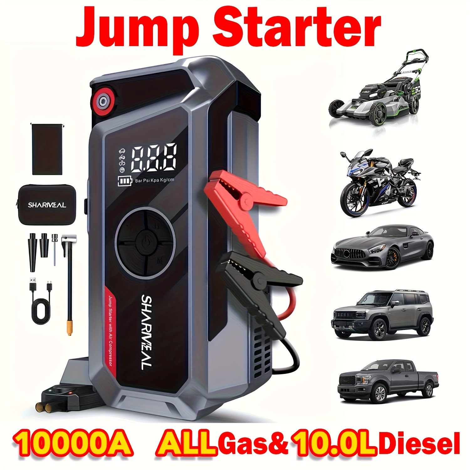 TEMU Sharmeal 9000a/10000a Jump Starter With Air Compressor & Tire Inflator, 12v Power Bank, Battery Jump Pack, Jump Starter For Car Heavy Duty,