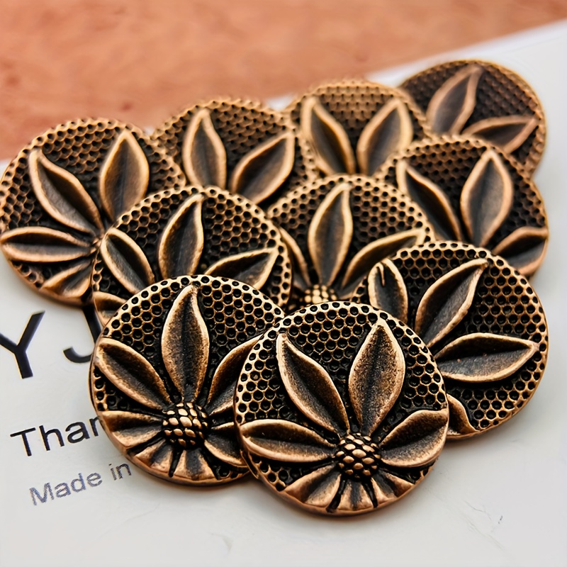 TEMU 10pcs Of Vintage Floral Carved Metal Buttons, 17 Mm, Bronze Color - Ideal For Crafts, Men's And Women's Jackets, Pants, Packaging Decoration,