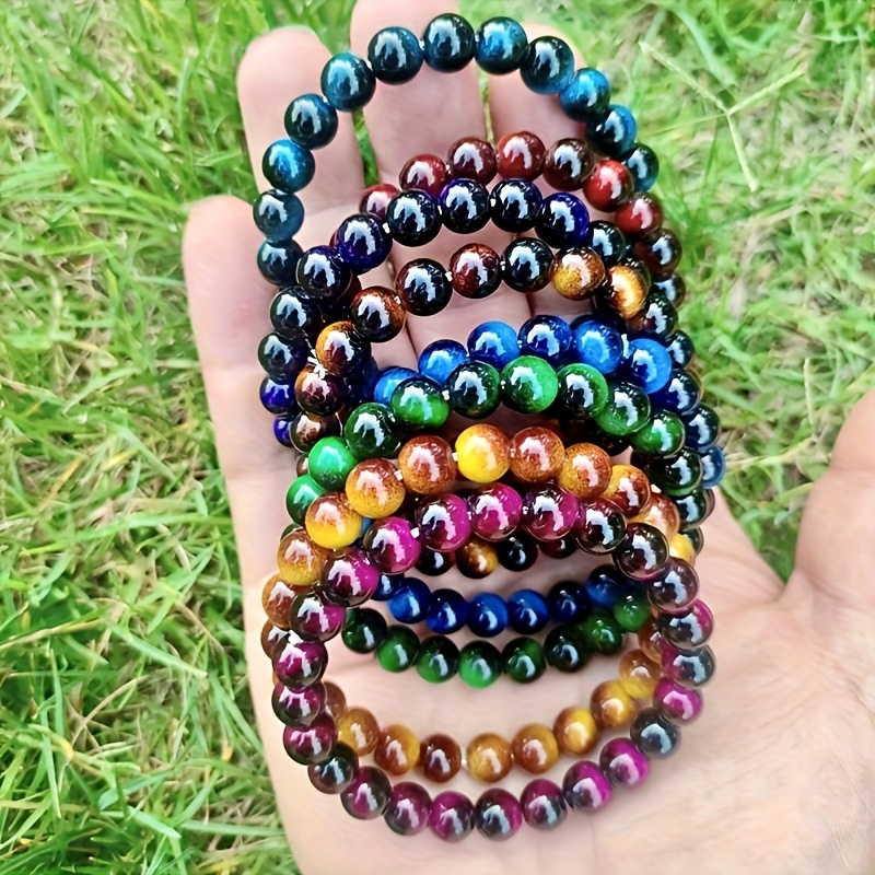 TEMU 8pcs Set Tiger Eye Stone Bracelet - Natural Beads, Durable & Stylish Handmade Jewelry For - Birthstone Gift For Valentine's Day
