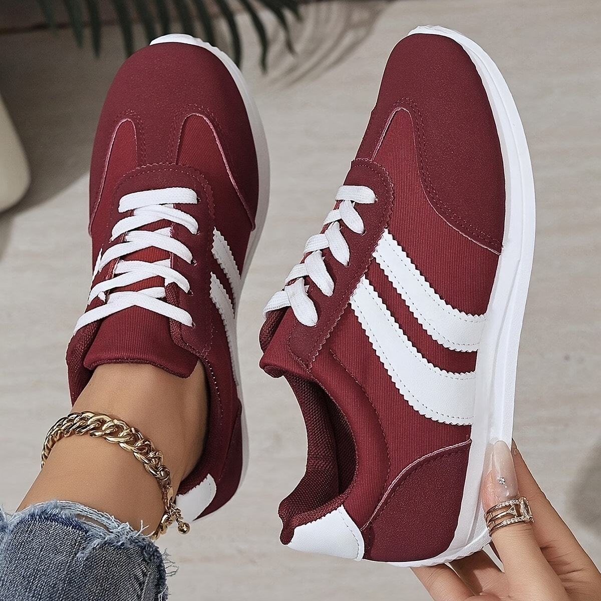Image of Women's Burgundy Retro Sneakers With Three-, Lightweight Soft-sole Casual Shoes For Walking, Commuting, Shopping, And Light Jogging. Runs Small, Please ., Women Shoes