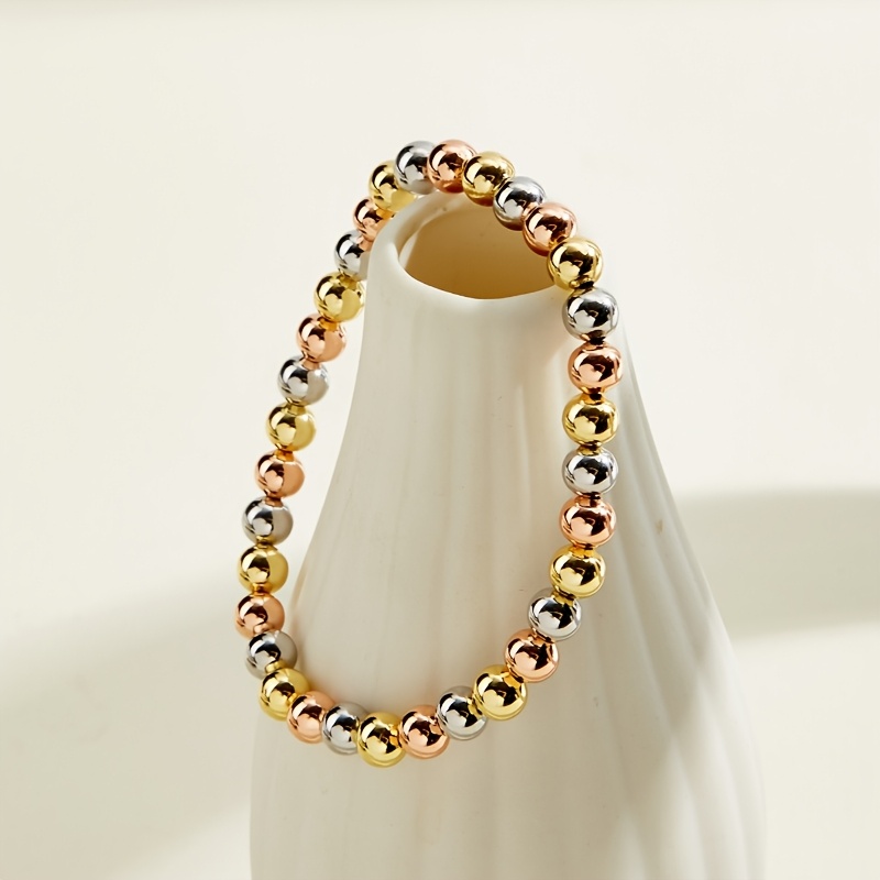 TEMU 1pc Bracelet élastique à perles plaquées or de 6 mm, et tendance, chaîne de main à perles faciles à , cadeau de fête universel et de bénédiction