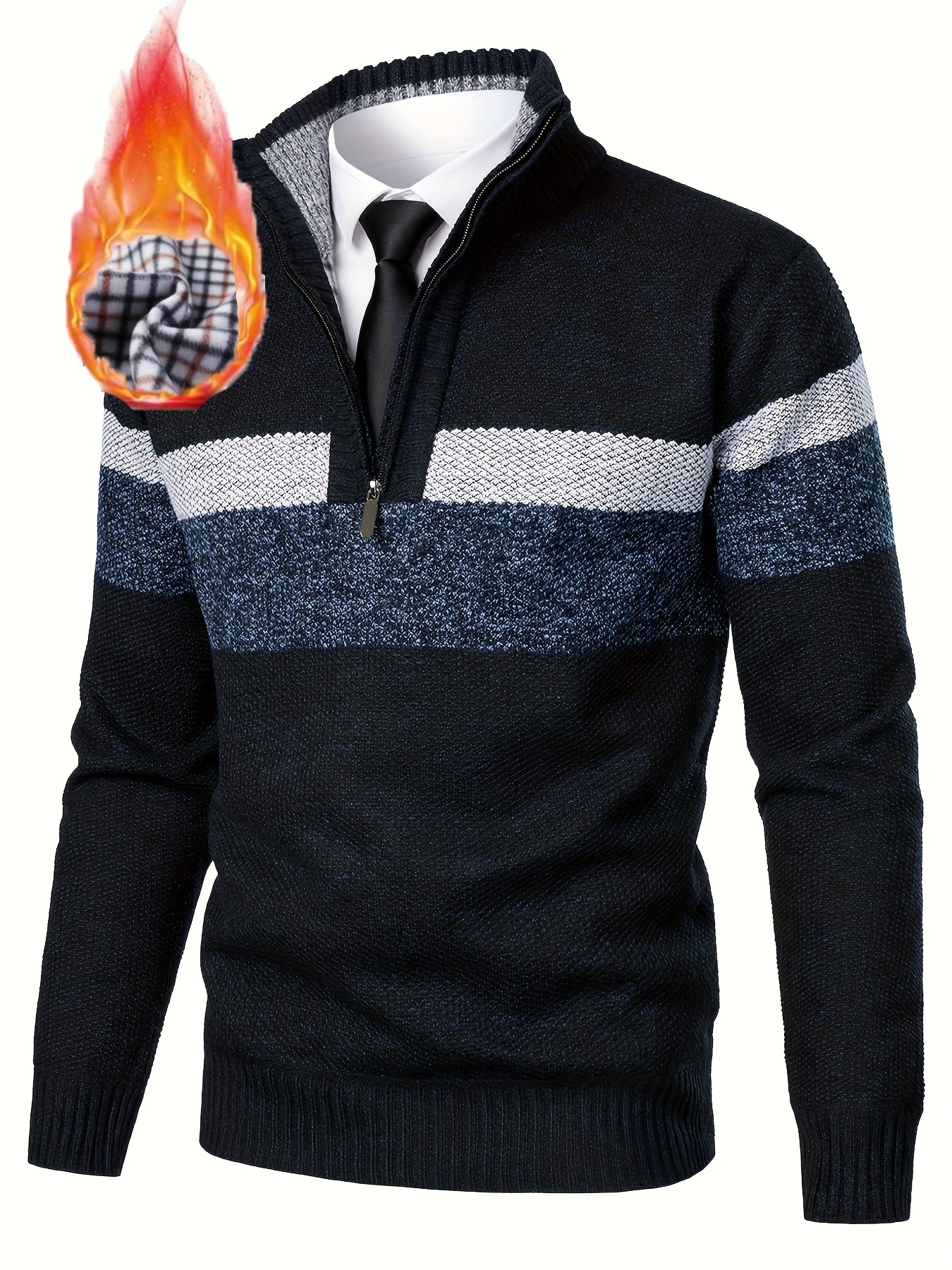 Men'S Thickened Knitted Pullover Sweater with a Color Block Design And Stand Collar, Made from Plus Velvet