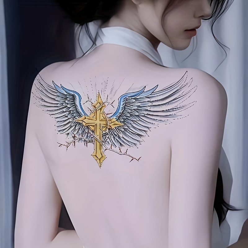 large golden cross wing temporary tattoo sticker waterproof realistic tattoo for chest waist back stylish blue for men and women back tattoo elegant design waterproof material large tattoo details 2