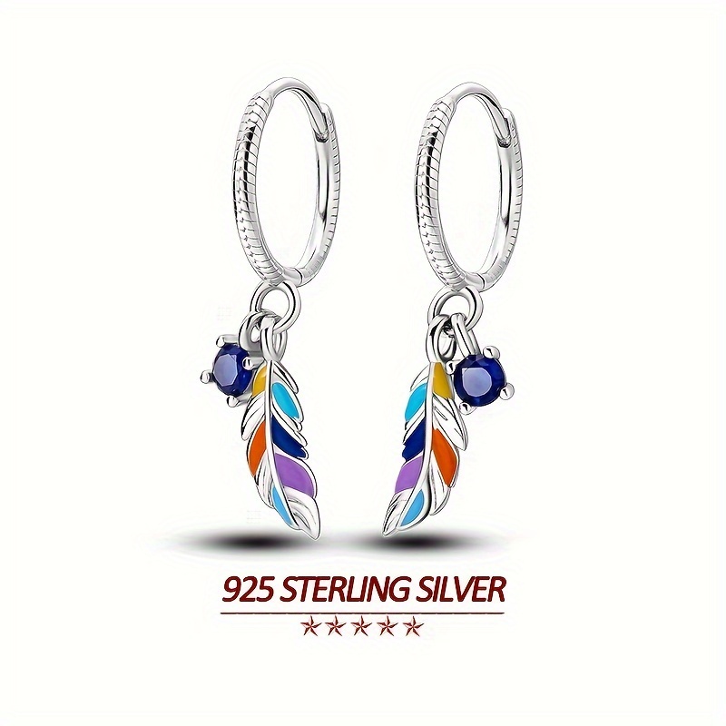 

Original 925 Sterling Silver High Quality Women Hoop Earrings Bohemia Feather Shape Blue Zircon Elegance Women Earrings Party Jewelry Gifts