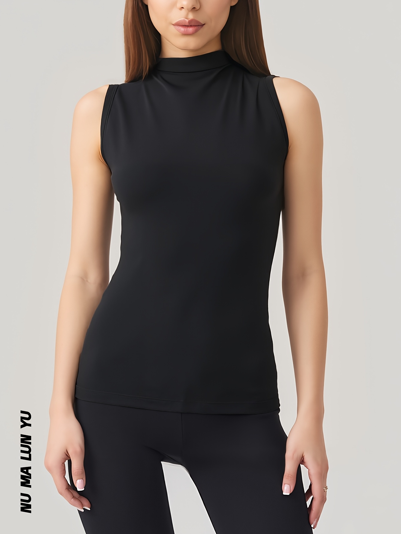 women's sleeveless high neck yoga tank top solid color black