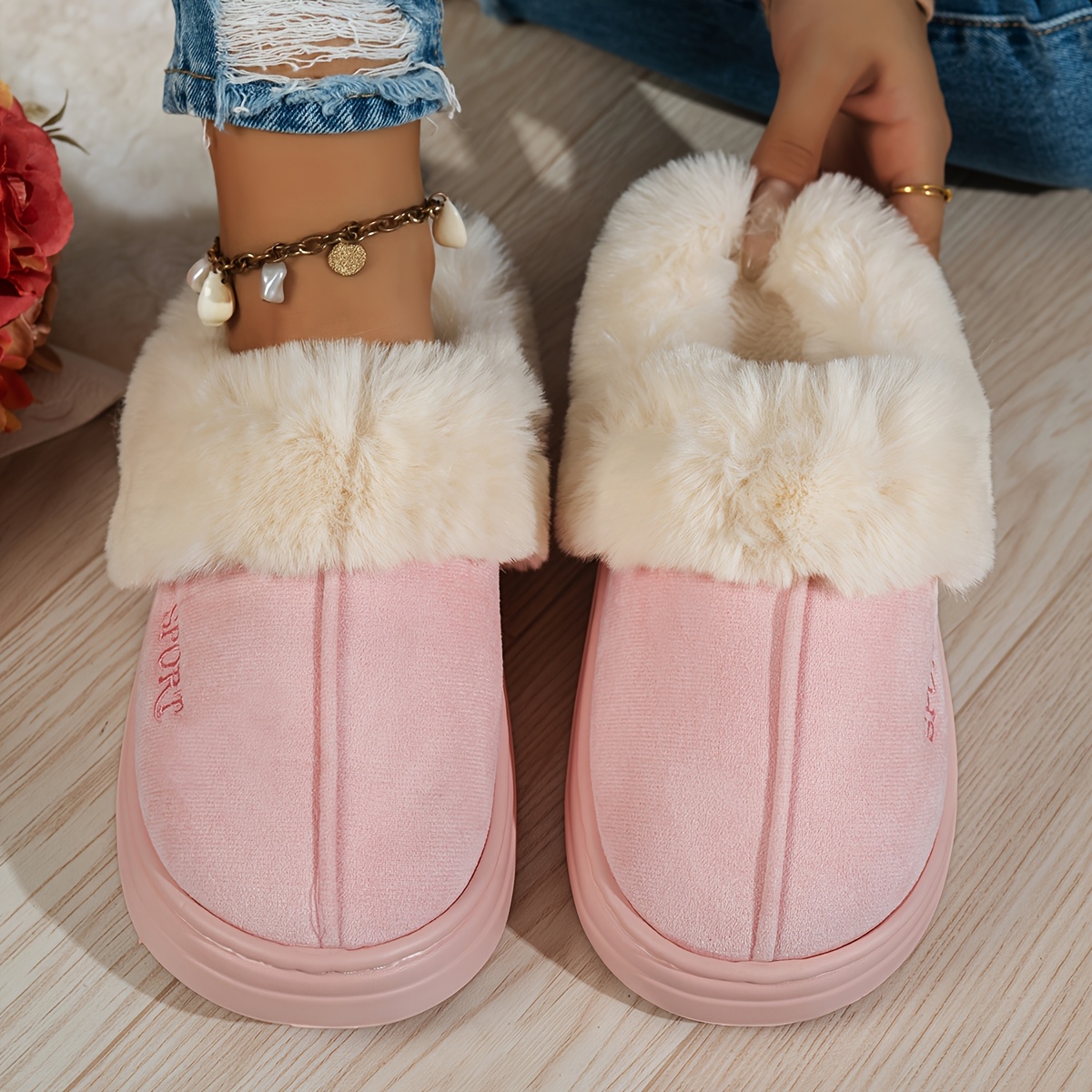 TEMU Winter Plus Size Indoor Home Comfortable Thickened Warm Soft Sole Thick Sole Silent Heeled Slippers Home Shoes