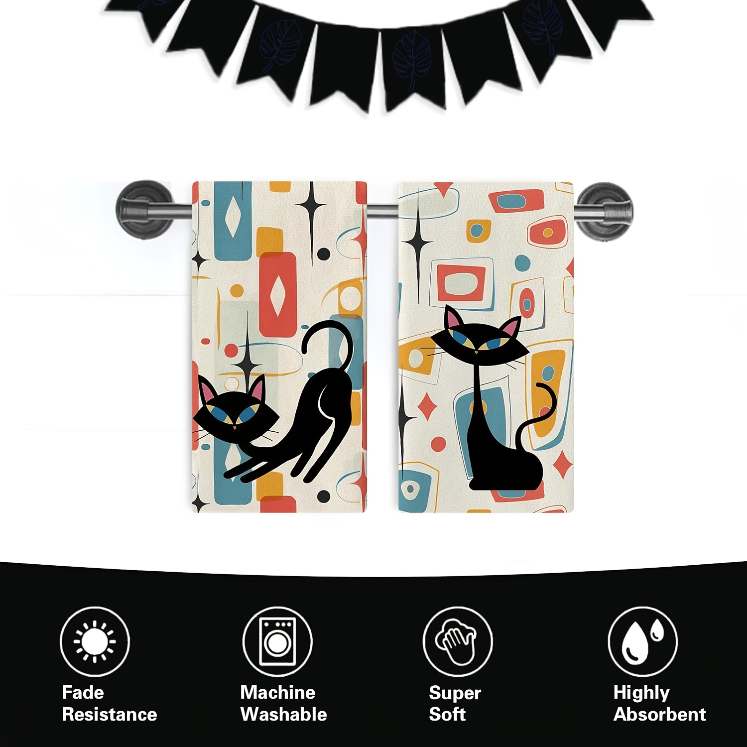 TEMU 2-piece Set Mid-century Black Cat Dish Towels, Colorful Modern Geometric Abstract , Baking And Cooking Cloth, Vintage Atomic Starburst Pattern