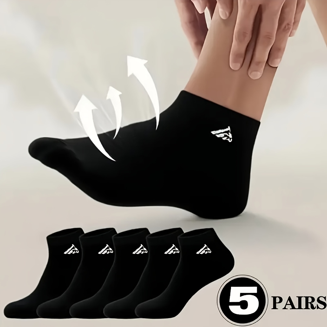 5-pair Unisex Black Athletic Ankle Socks, Comfortable, Breathable, Stylish, And Versatile, Suitable For , Ideal For Daily Casual And Sports Wear
