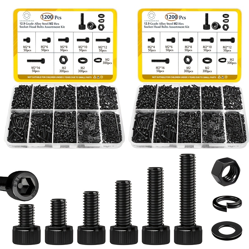 Image of 2400pcs M2 Nut Washer Combination Kit, Metric M2 X 4/6/8/12/16mm, Internal Hex Socket Head Cap Screws, Grade 12.9 Black Galvanized, Suitable For 3d Printers