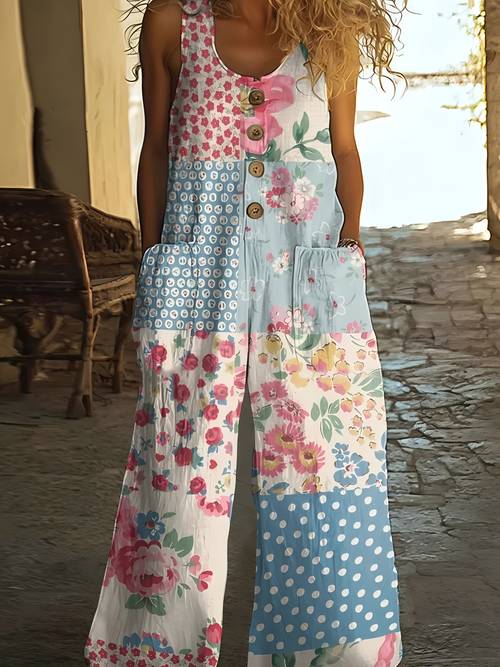 item picture vintage printed casual wide leg jumpsuit womens stylish loose fitting printed romper