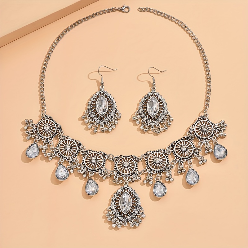 vintage exquisite flower pattern synthetic gems inlaid dangle earrings necklace luxury ethnic style silver plated jewelry jewelry set gifts for women gifts for eid details 0