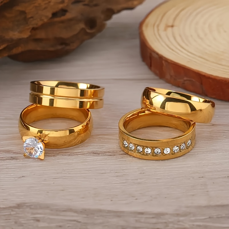 4pcs Stainless Steel Ring Set with Rhinestone Accents