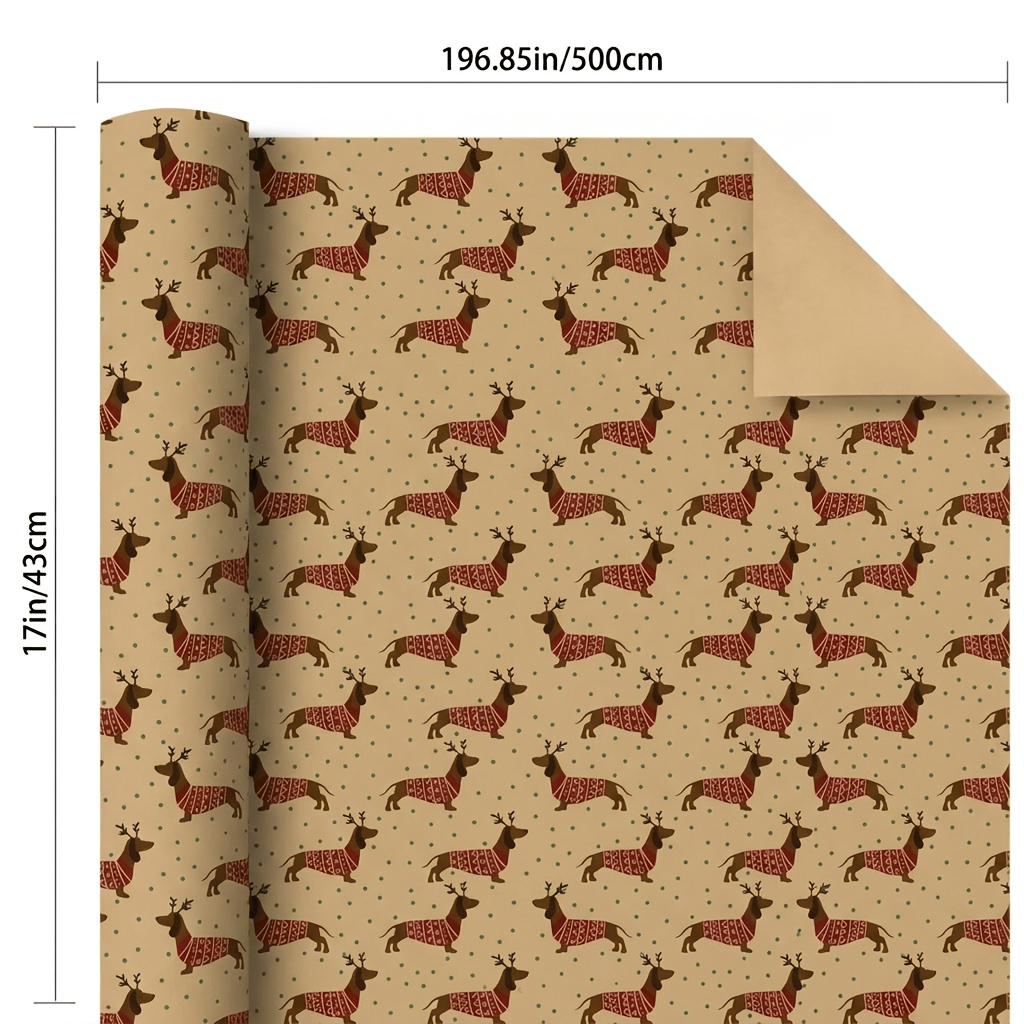 TEMU This Festive Christmas Wrapping Paper Features A Rustic Paper Base With Green Polka Dots And A Cute Dachshund Wearing A Cozy Red Nordic-style
