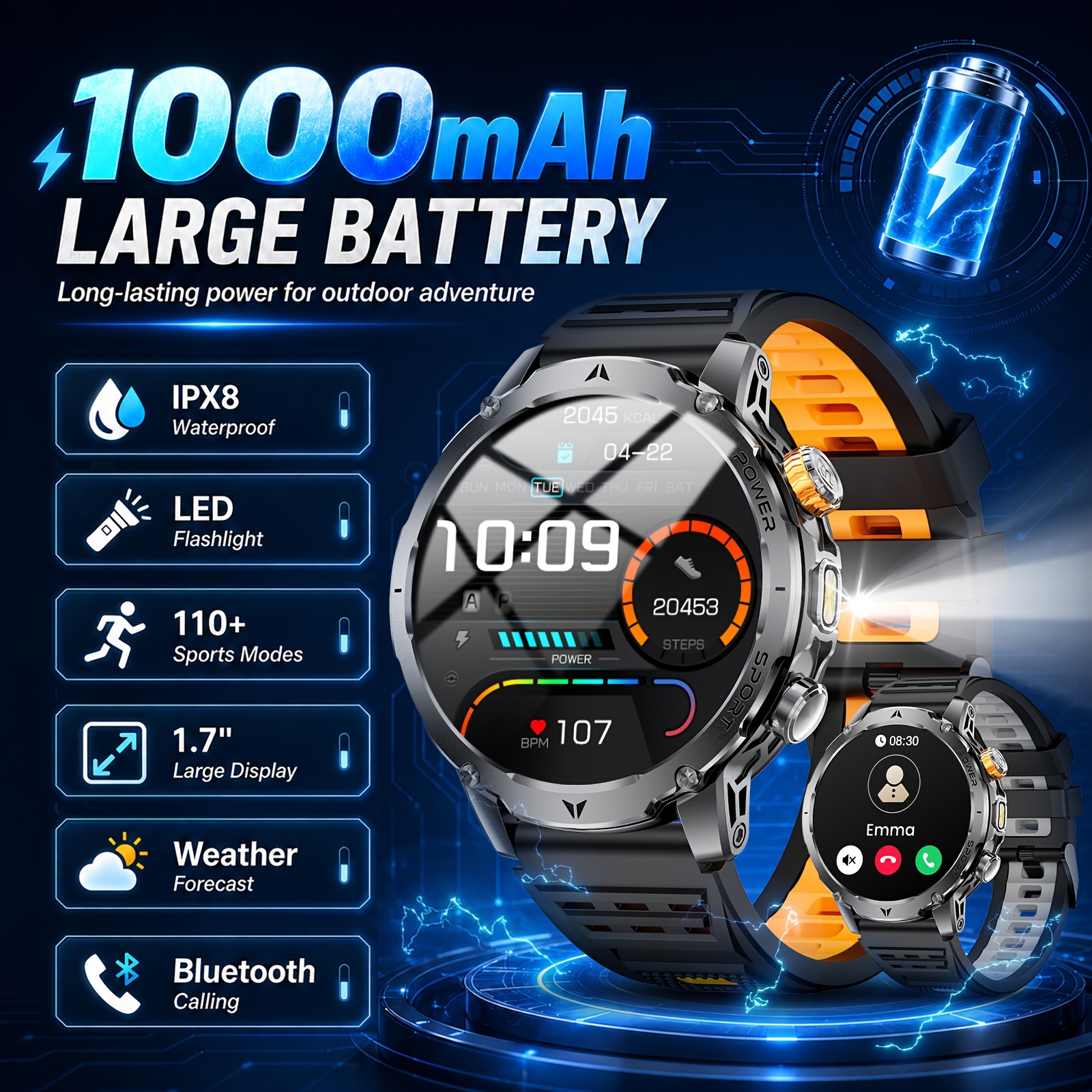 Image of Siemorl Watch With Flash Light 1000 Mah Large Battery 1.7-inches Hd Aomled Screen Wireless Calls Smartwatch For Iphone 120 Fitness Ipx8 Waterproof As A Gift For Friend Family
