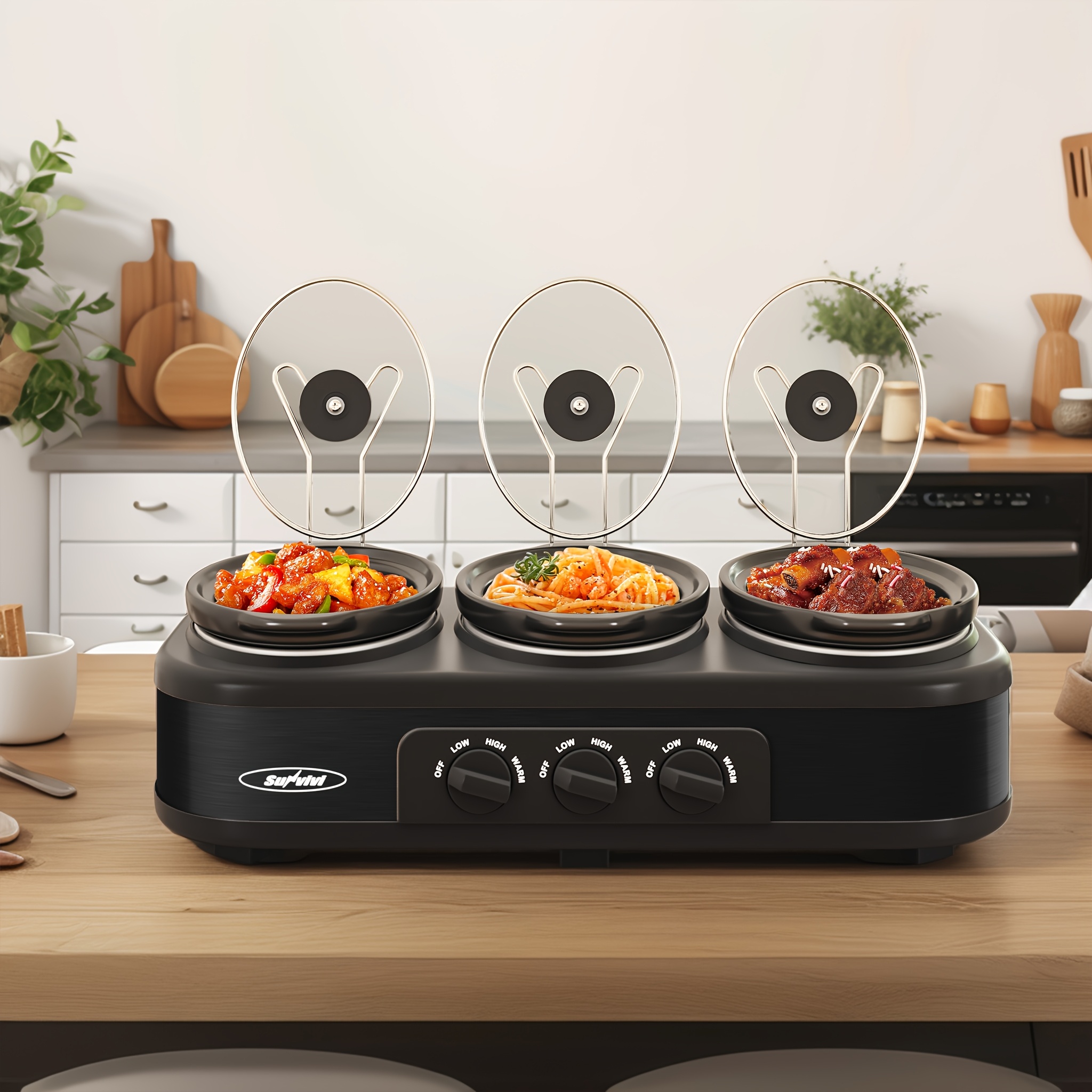 TEMU Triple Slow Cooker, .5qt Slow Cooker With 3 Cooking Settings, Buffet Servers And Warmers With Dishwasher-safe Ceramic Pot, Glass Lid, Black