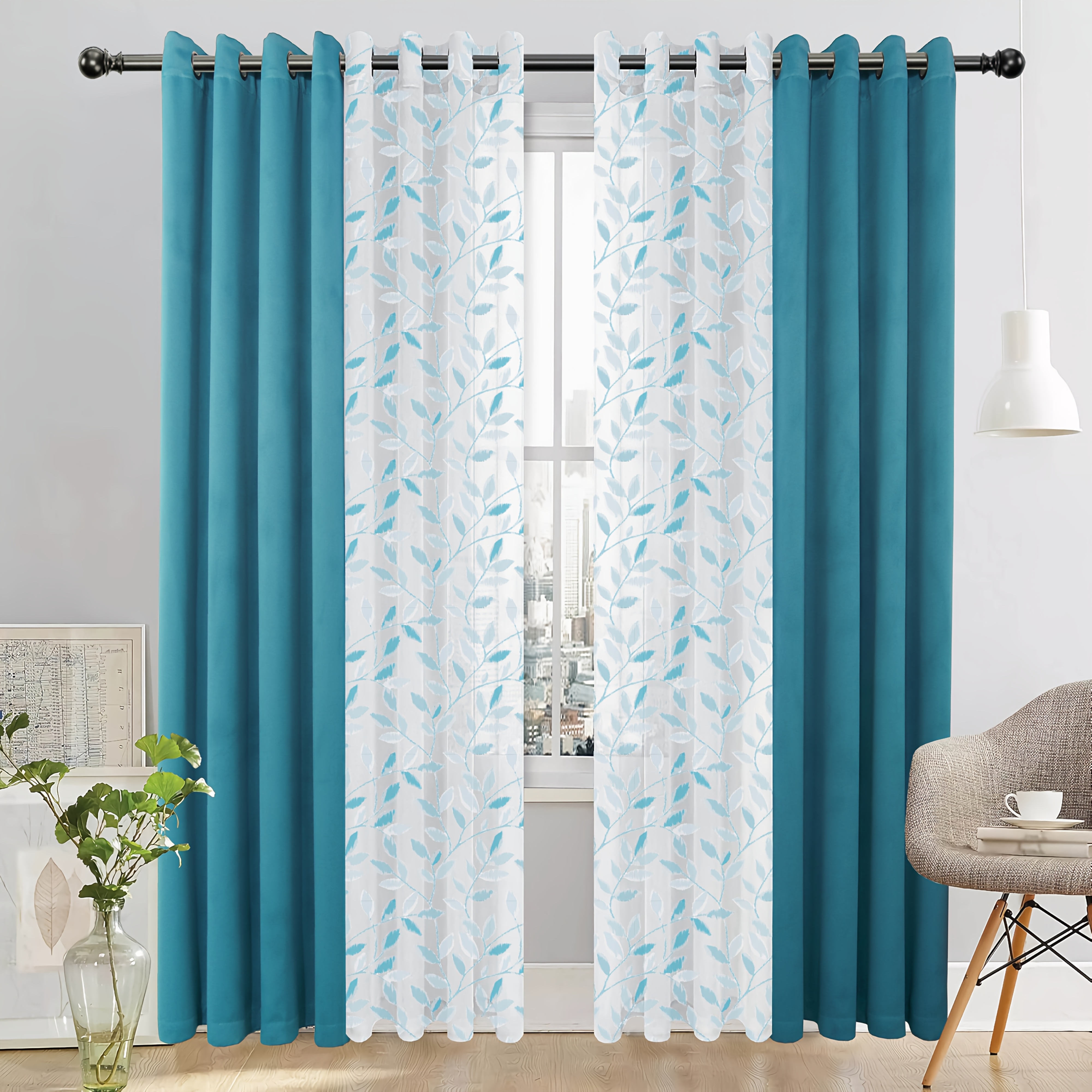 Elegant 4pcs Blackout Curtain Set with Spring Leaf Print
