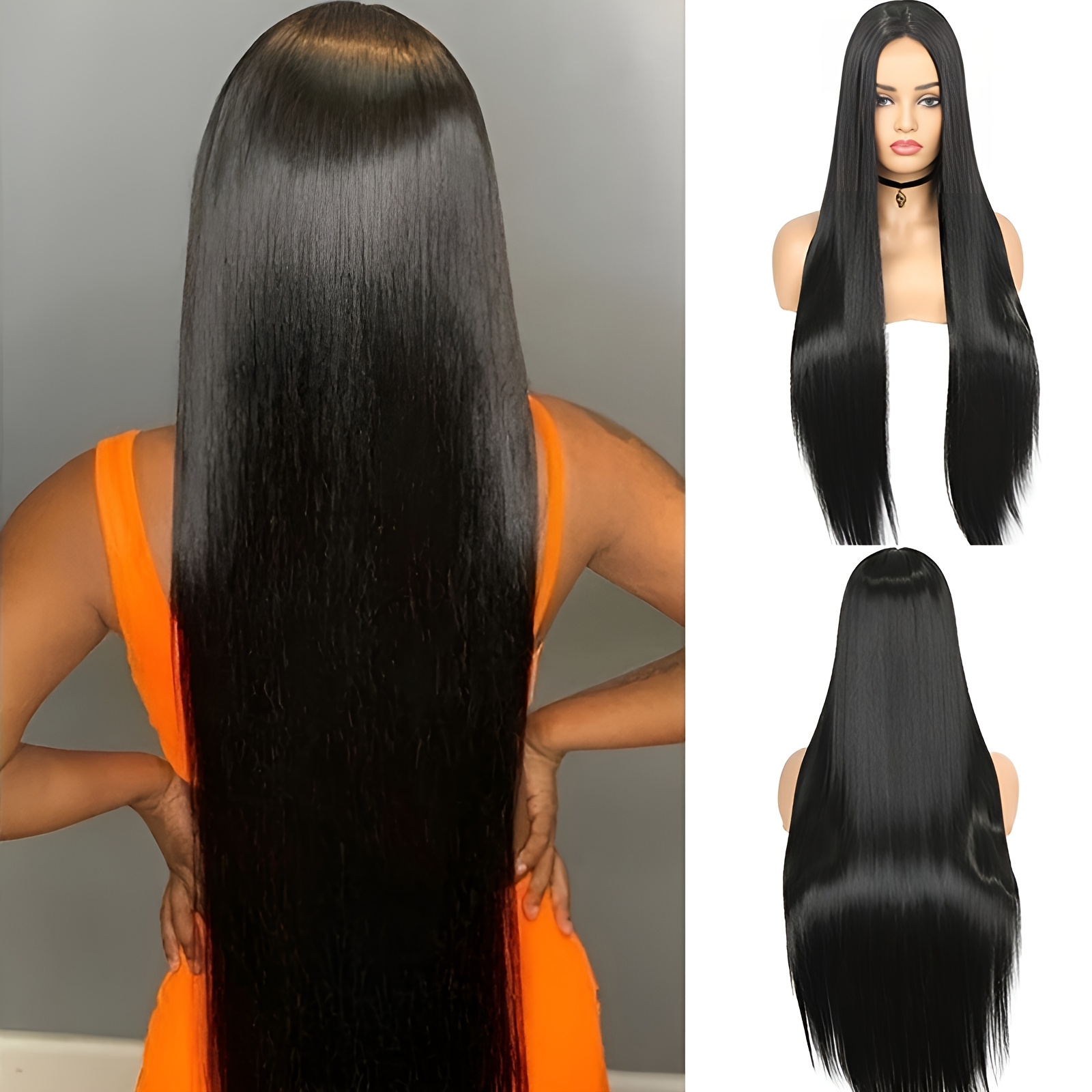 Image of Elegant 32-inch Black Straight Synthetic Wig For Women, Center-parted Style With Look, Made Of Heat-resistant Synthetic Fiber, Perfect For Carnivals, Cosplay, Parties, And Daily Wear