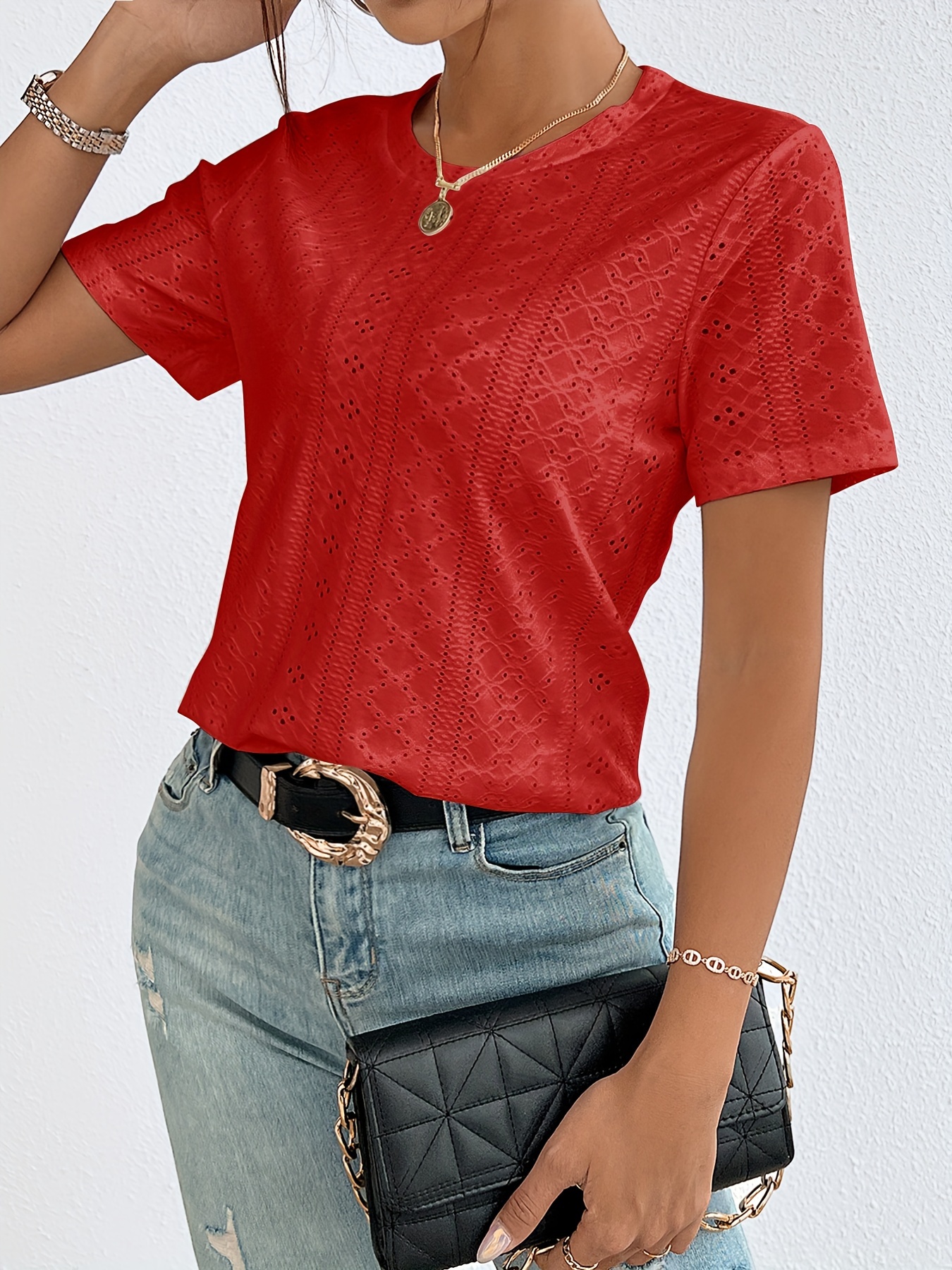 Eyelet Crew Neck T-Shirt, Casual Short Sleeve Top For Spring & Summer, Women's Clothing