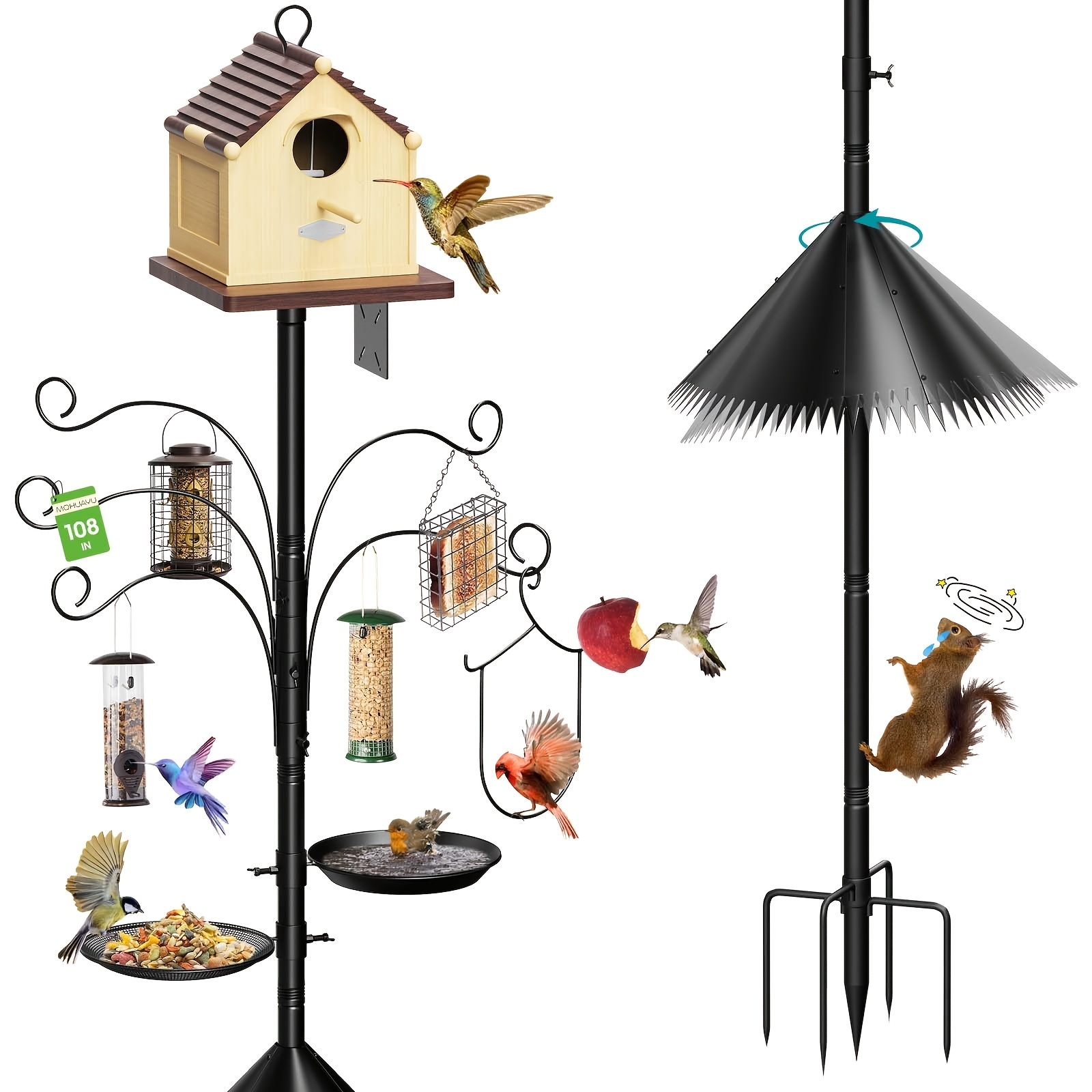 Image of Single-piece, 108-inch, Heavy-duty, Adjustable Bird Feeder Pole Garden Decor Hook For Hanging Bird Feeders, Plant Baskets, Hummingbird Feeders Suitable For Outdoor Use