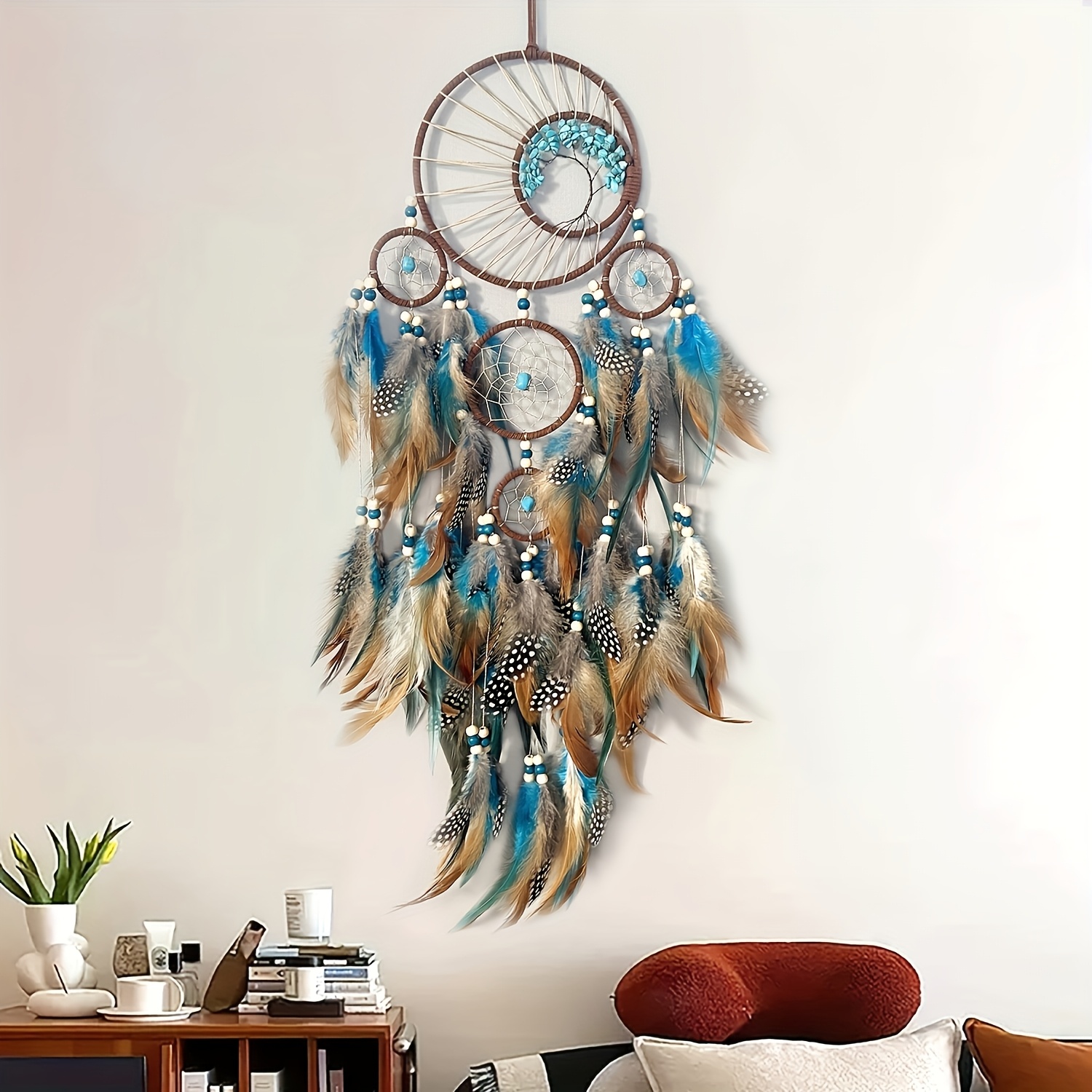 handmade natural feather dream catcher azure
