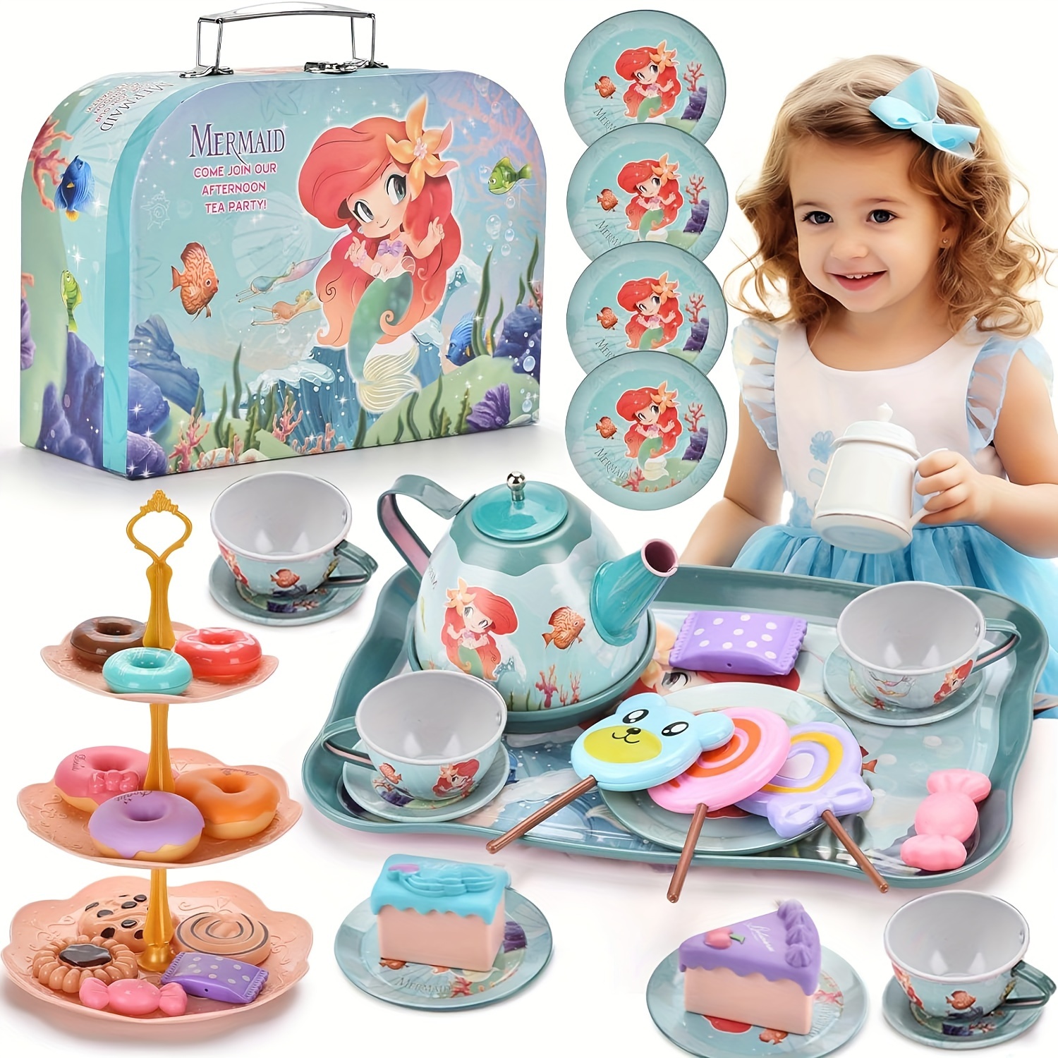 

Mermaid Tea Party Playset - 48pcs Including Tin Teapot, Cups, Plates & Food - Ideal Birthday Gift For Young Youngsters, Princess Tea Time Play Kitchen Toys