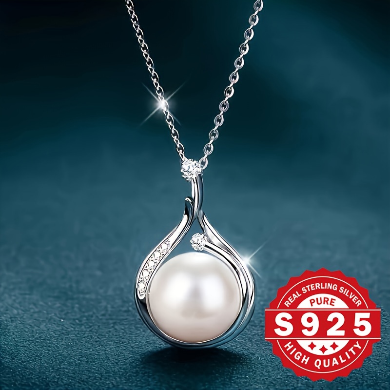 

925 Sterling Silver Teardrop Pendant Necklace With Shell Pearl, Hypoallergenic Vintage Elegant Style Jewelry Mother's Day Gifts For Women