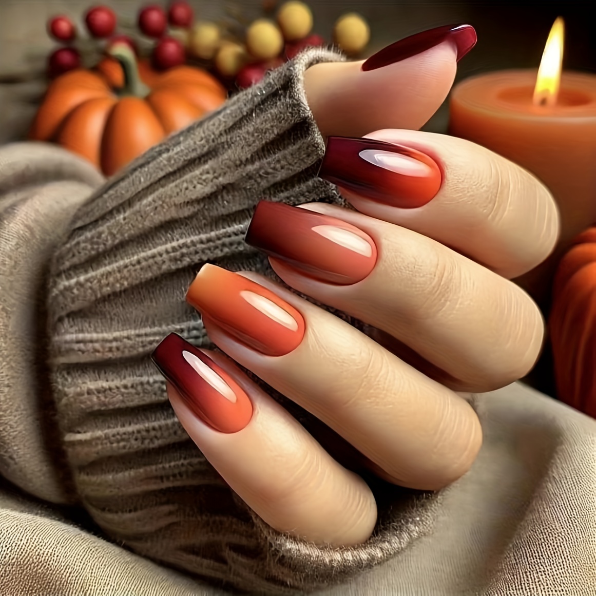 TEMU Women's Fake Nail Set, Orange-brown Ballet Style Medium-length Nails With Orange Gradient And Brown Gradient Glossy Finish, Suitable For Women