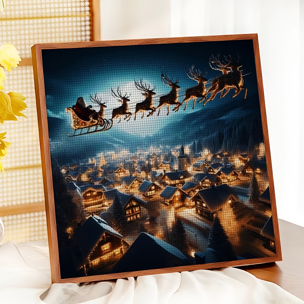 Frameless Cross-Stitch Printed Kit, Santa Claus Flying Over a Snowy Village