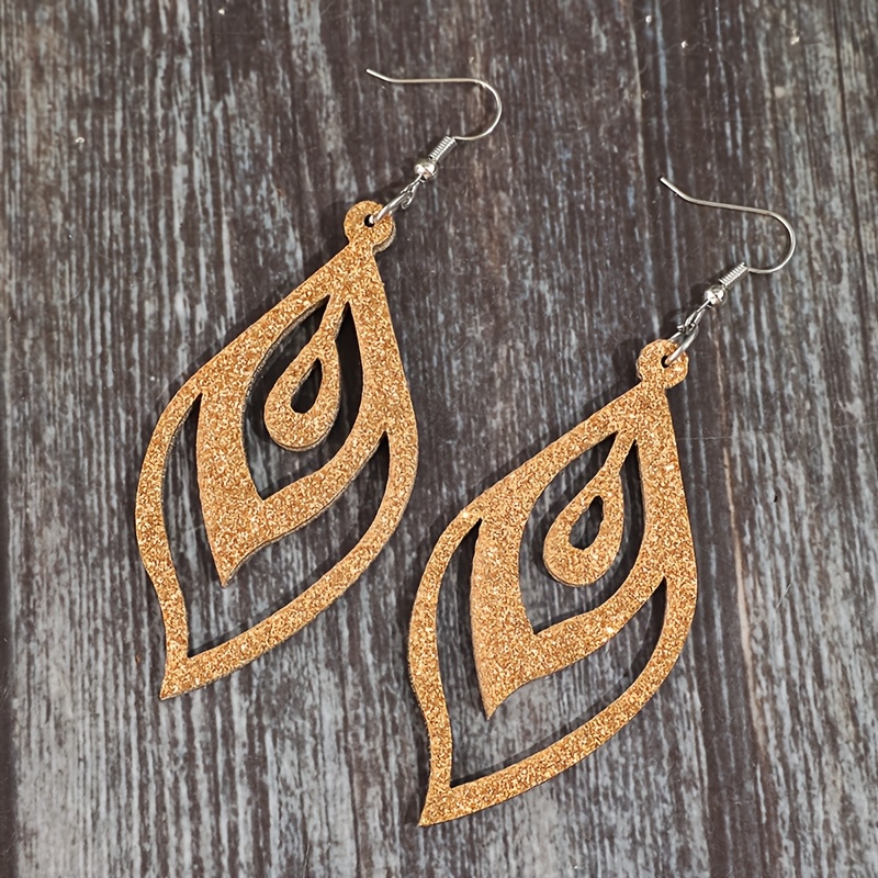 Women's Shimmering Hollow Wooden Water Drop Earrings, Vacation Style