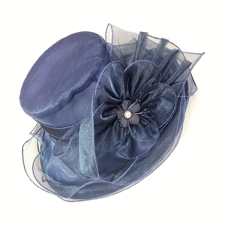 TEMU Wide Brim Foldable Sun Hat Flower Decor Elegant Organza Derby Hat Lightweight Church Hat For Tea Party Wedding Summer Travel Beach Hats