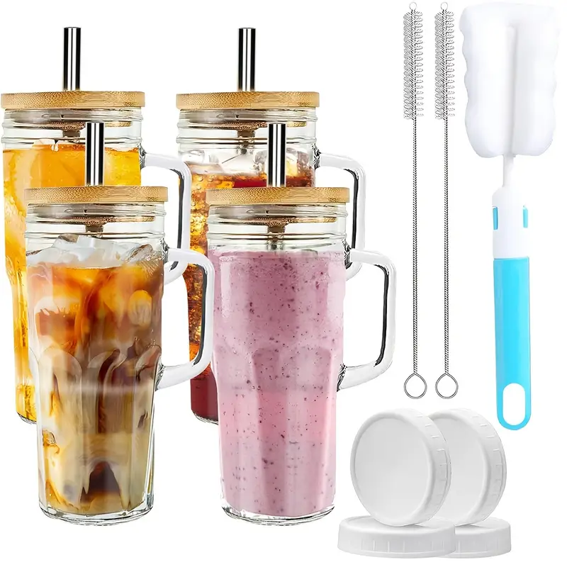 2 4 pack 24oz glass mason jar cups with bamboo lids stainless steel straws and cleaning brushes reusable insulated drinking glasses with handles bpa free multipurpose for hot cold beverages tea beer ideal for christmas halloween gifts Product details 0