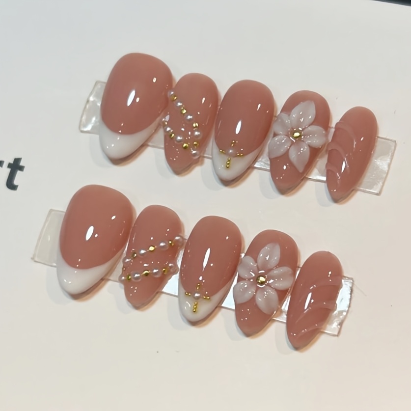 TEMU 10pcs Almond-shaped French 3d Embossed Floral Fake Nails - Thickened Acrylic Artificial Nails With And Decor, Base, Elegant And Cute Stickers,