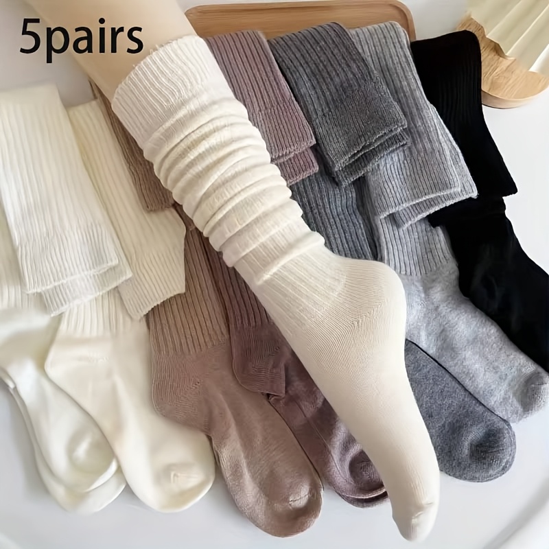 TEMU Pack de 5 de calcetines gruesos para mujer - Corte de ajuste entallado con rayas , para botas de otoño/invierno, diseño casual y elegante,