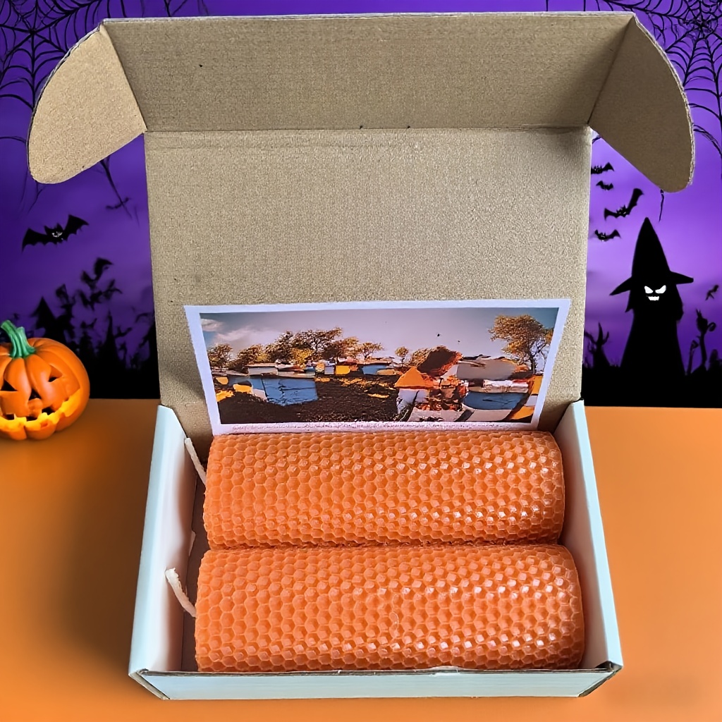 TEMU 2-pack Beeswax Candles, Halloween Candles, Beeswax Rolls, Handmade Beeswax Candles In , Size 5x15cm, Long-lasting , Suitable For Halloween,