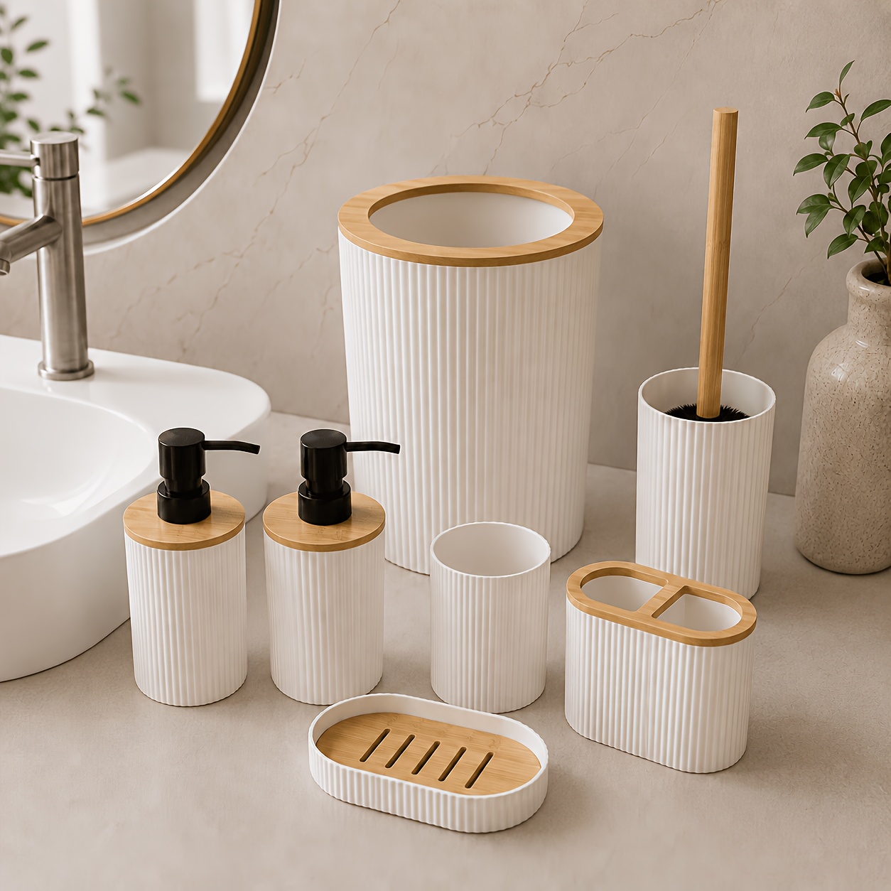 TEMU Juego de 7 piezas para baño con de basura, cepillo de baño, porta cepillos de dientes, 2 dispensadores de jabón y jabonera, juego organizador de
