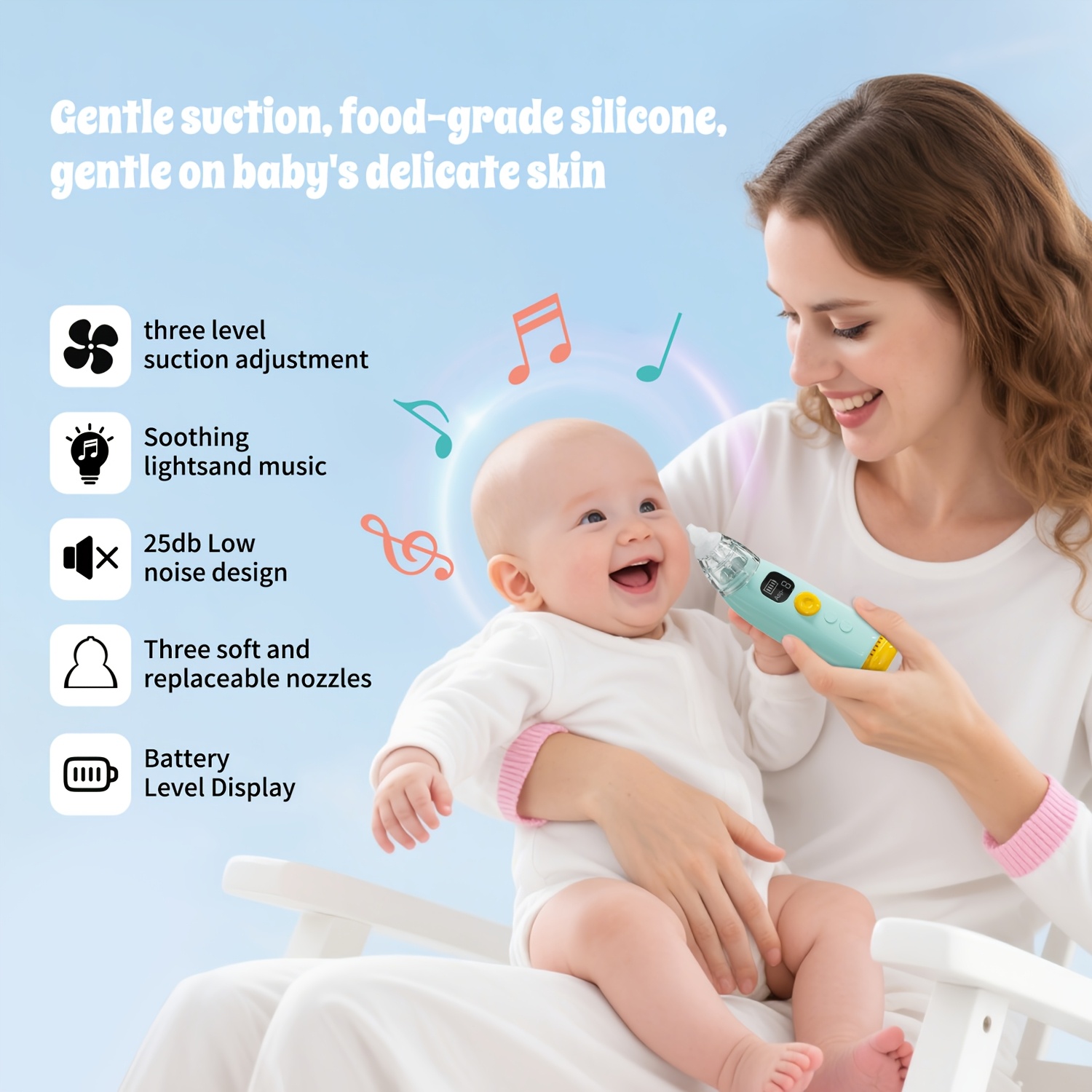 Baby Nasal Cleaning Tool with Music Play, Infant Daily Nose Care Accessory, Soft, Washable, Home Use, Includes 3 Suction Tips & Round-Tip Tweezers