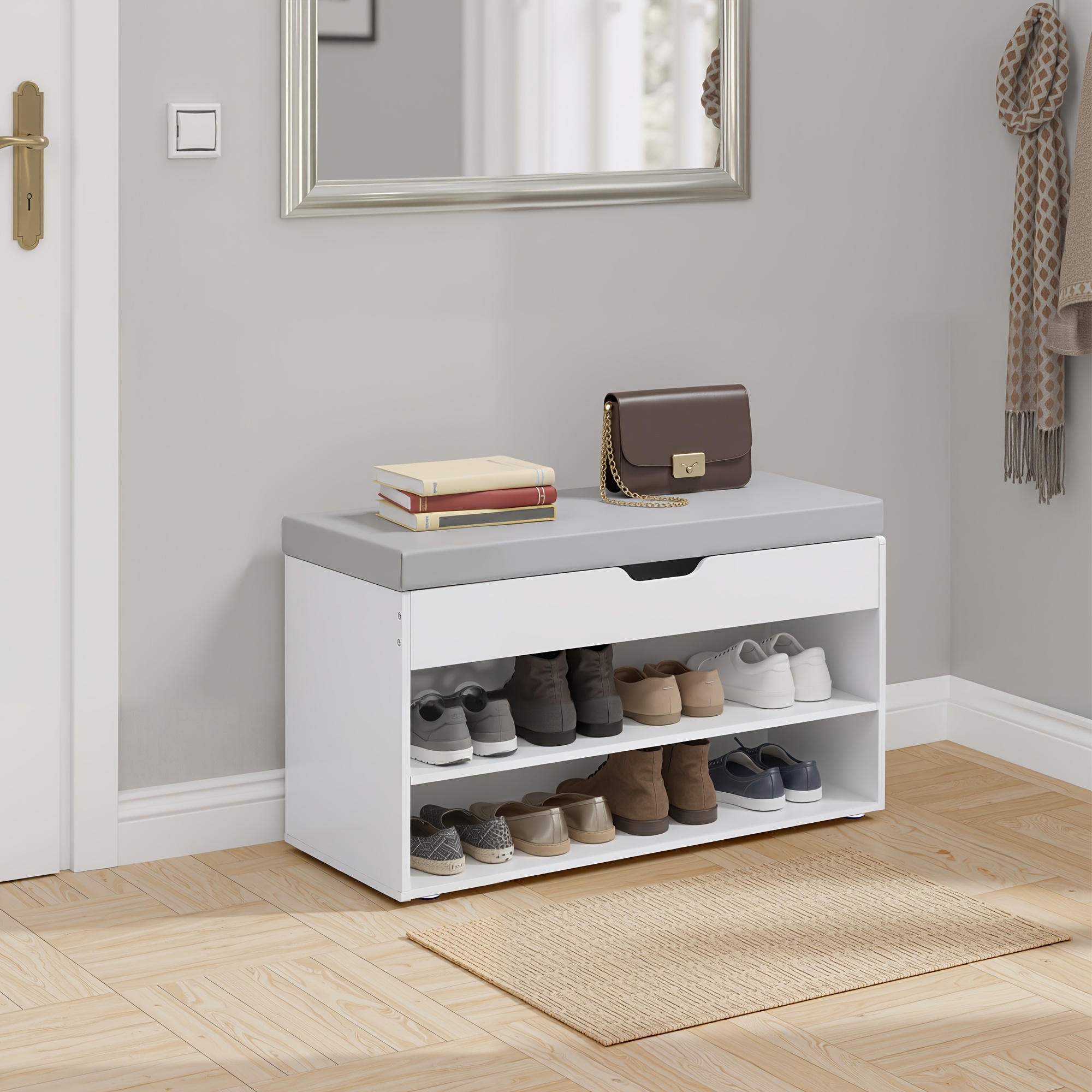 Image of Shoe Storage Bench With Linen-look Fabric Seat, Hidden Compartment And 2 Shelves, 80 X 30 X 44cm, White And Grey