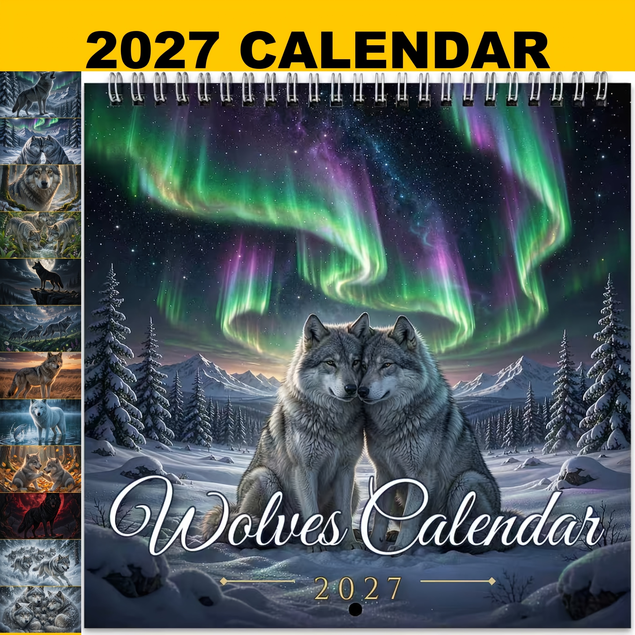 TEMU Calendrier mural suspendu 2027, Calendrier suspendu Loup des Aurores 2027, Reliure spirale à double spirale, Carré 8,3x8,3 pouces, pour écrire,
