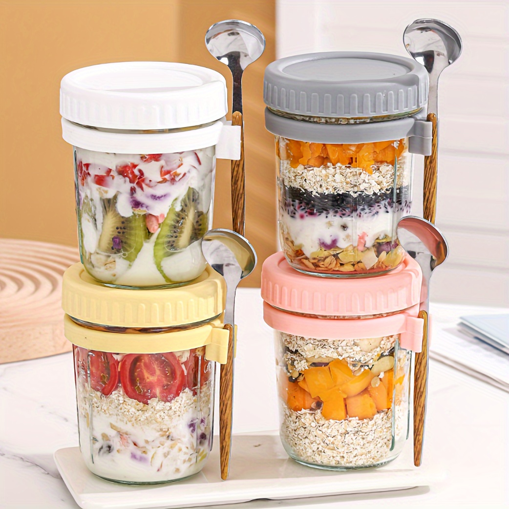 

2pcs 350ml Glass Overnight Oats Cup With Spoon, Portable Breakfast Salad Jar, Yogurt Container - No Pattern Design