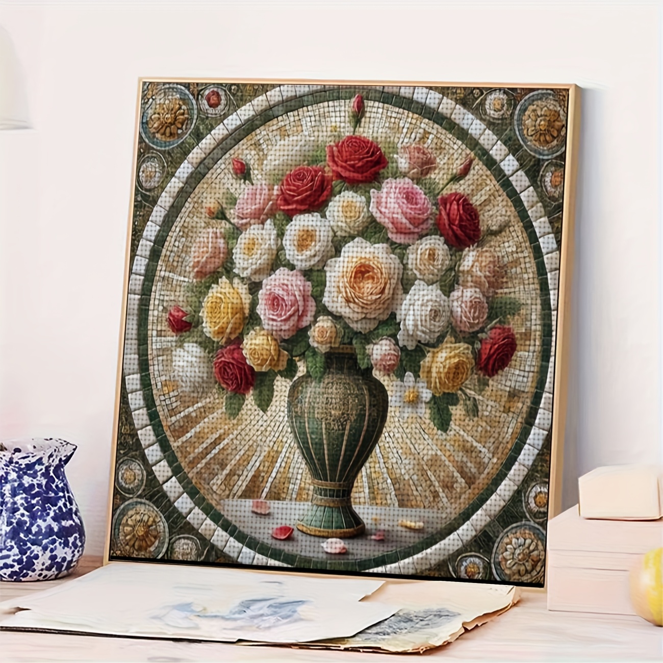 DIY Cross Stitch Print Kit, Frameless "Mosaic Vase with Flowers" Pattern