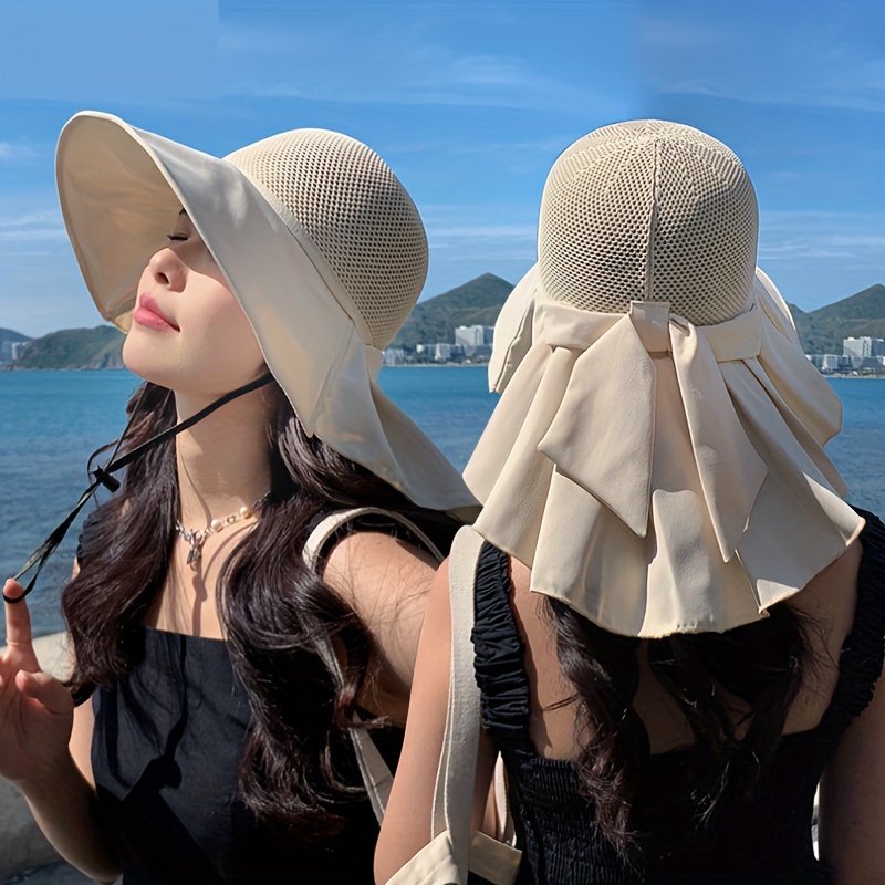 

1pc Summer Solid Color Sun Hat Bowknot Wide Brim Casual Sun Protection Hats Stylish Breathable Beach Hat For Women