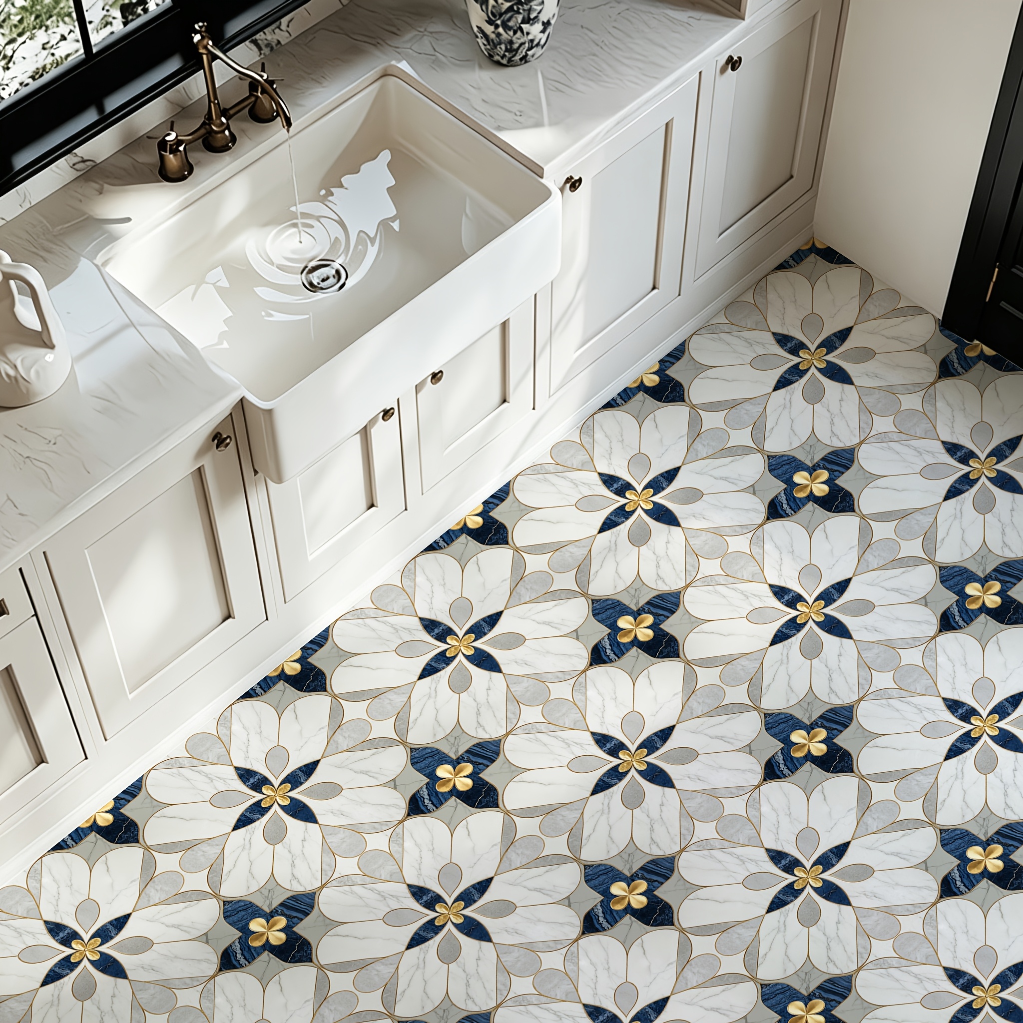 TEMU Light Luxury Marble Pattern Self-adhesive Floor Tile, European Mosaic Waterproof Wear-resistant Floor Sticker, Self-adhesive And Tear-off,