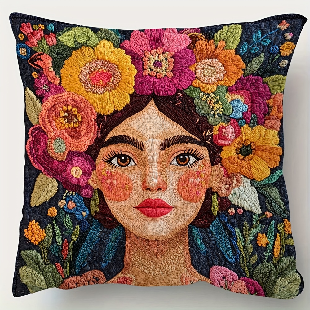 

1pc Woven Polyester Throw Pillow Cover, 18x18 Inch, Contemporary Mexican Floral Girl Design, Super Soft Short Plush, Double-sided, Hand Wash, Zipper Closure, Decorative For Room Types - Wjzf2718