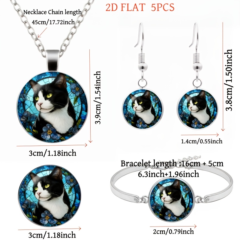 5pc Black & White Cat Jewelry Set with Blue Flower Round Glass Top