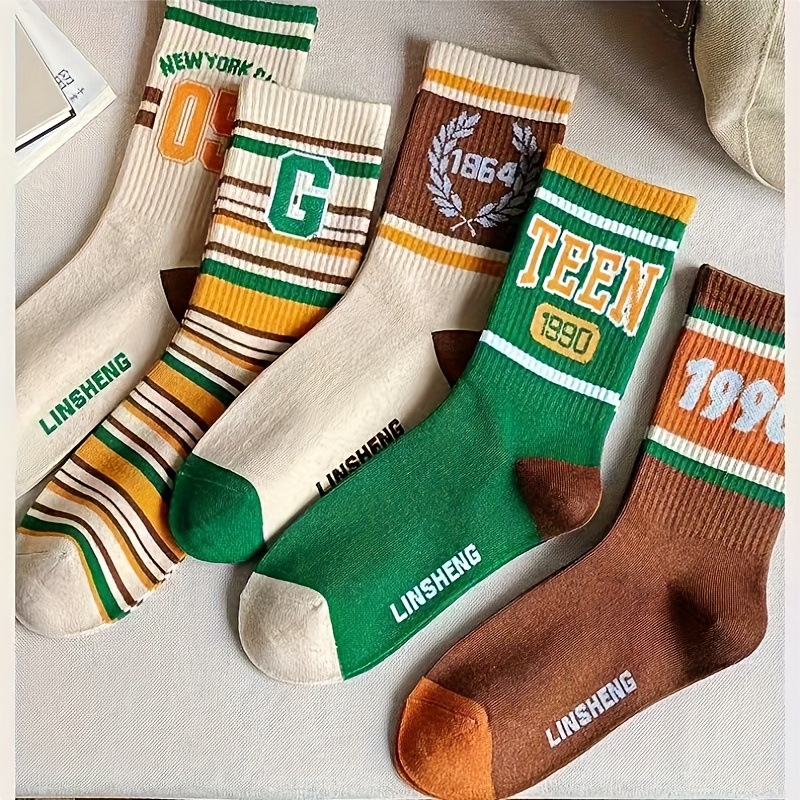 TEMU 5 Colors, 5 Pairs Of Socks, Seasonal Socks, Mid Length Socks, Striped Contrasting Colors, Style, , Letter Socks, Couple, Hip-hop, Best Friend,