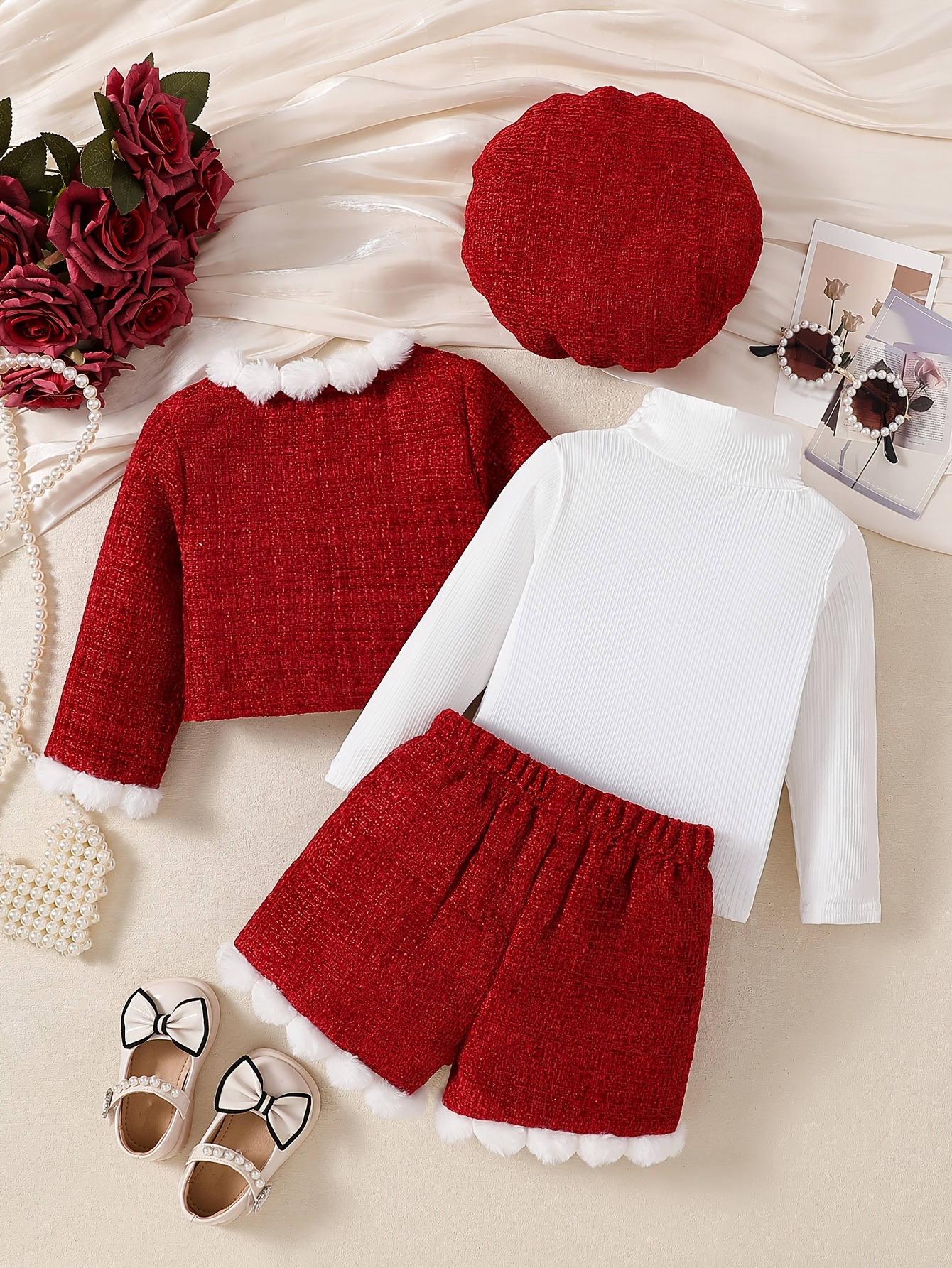 baby girl autumn shorts set baby girl white top red shorts red jacket three piece set hat included baby girl gentle and   pants set baby girl   and   clothing suitable for     outdoor Product details 0