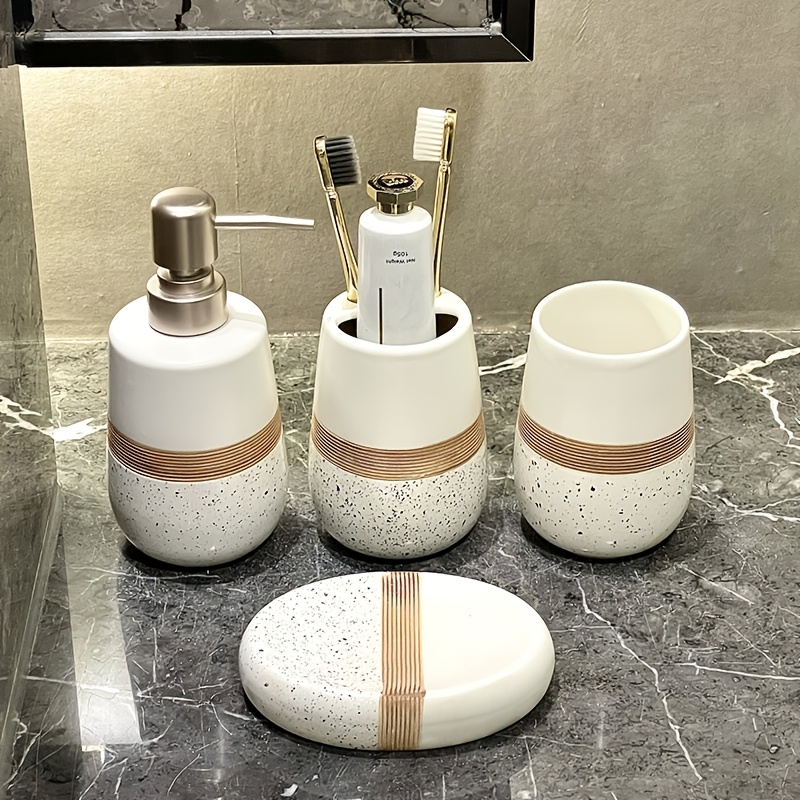 TEMU 4pcs Ceramic Bathroom Accessory Set, Luxury Terrazzo Bath Kit With Golden Accent, Includes Soap Dispenser, Toothbrush Holder, Tumbler Cup, Soap